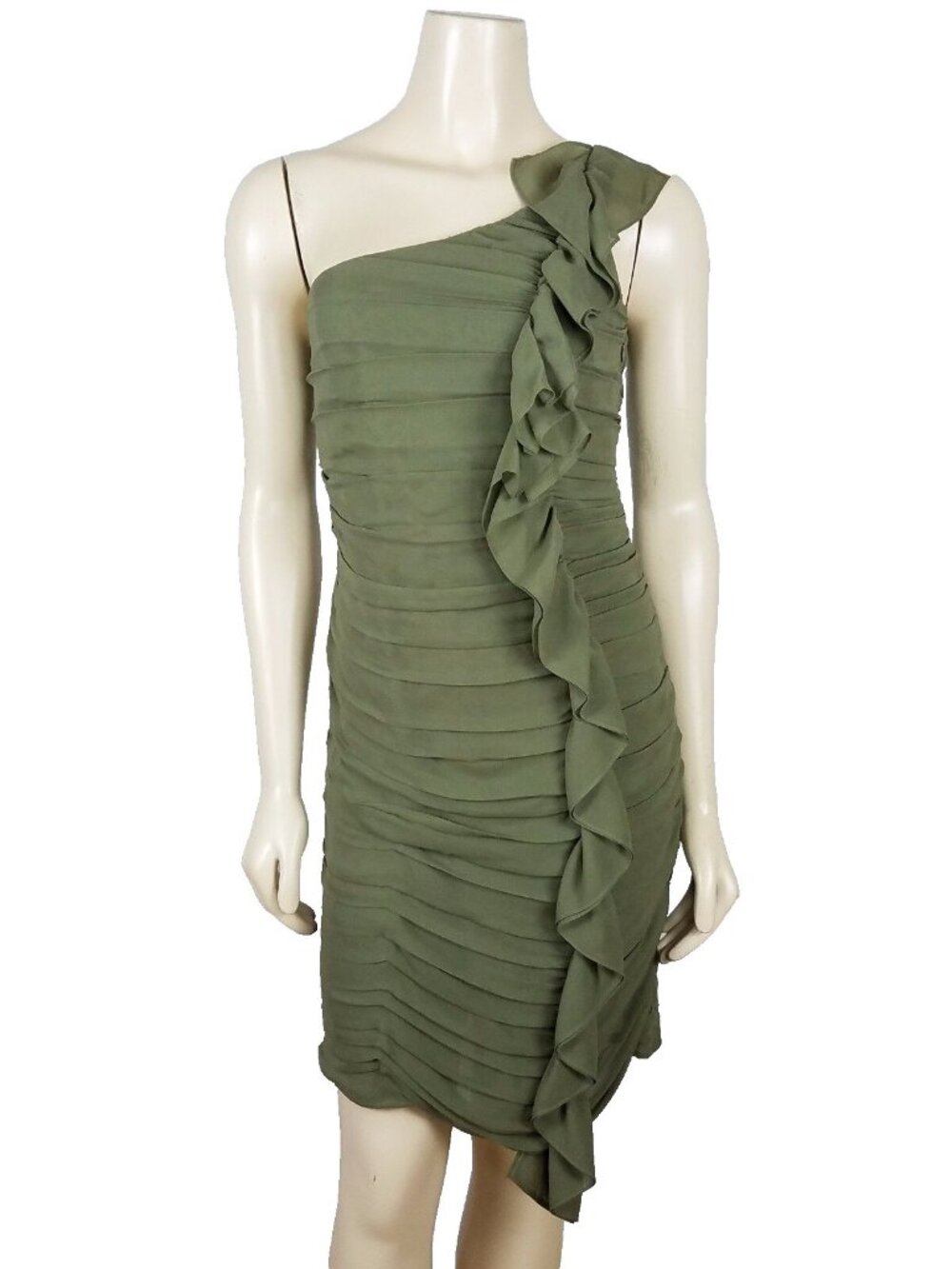 INC INTERNATIONAL CONCEPTS Off the Shoulder Olive Green 100% silk dress Size 6